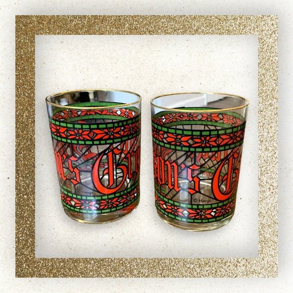 2 Vintage MCM HOUZE “Seasons Greetings” Stained Glass Gold Rimmed Glass - Picture 2 of 6